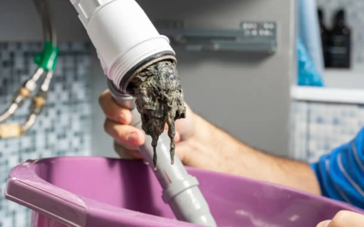 Technician removing a severe hair and sludge clog from a residential sink drain