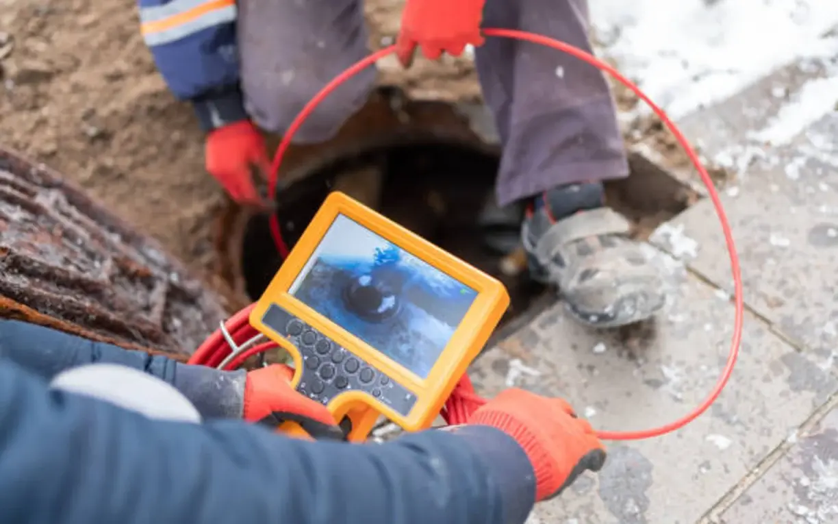 Technicians reviewing a live sewer camera monitor while feeding the camera cable into a cleanout